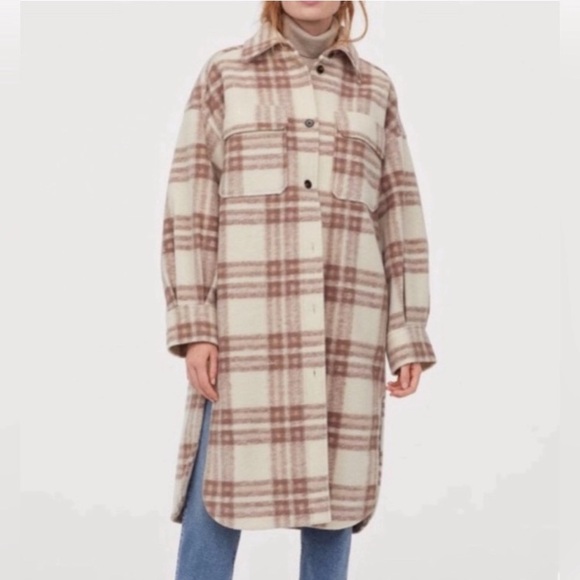 Iconic H&M Pink & Cream Midi Wool Blend Plaid Blanket Chore Coat Jacket! Medium - Picture 2 of 9
